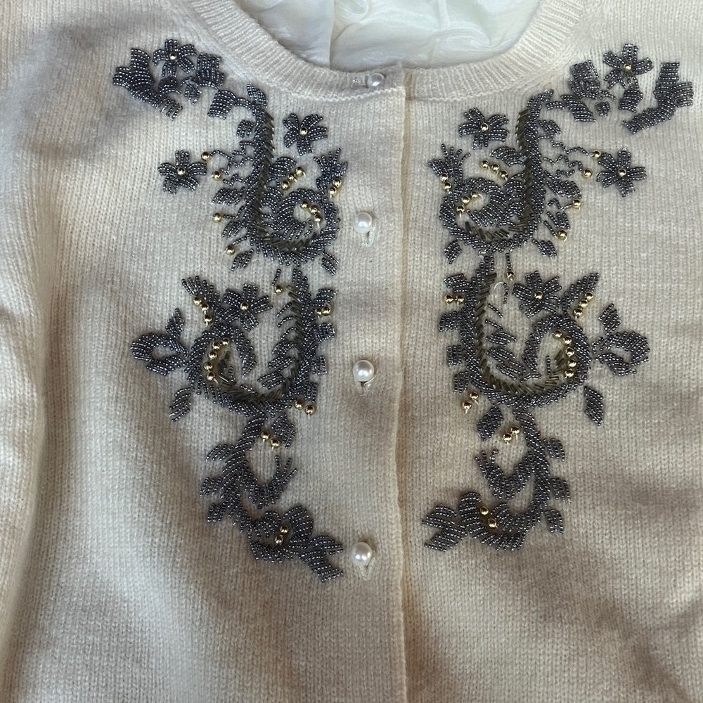 Eddie Bauer Festive Cream Lambswool Cardigan with silver and gold beadwork